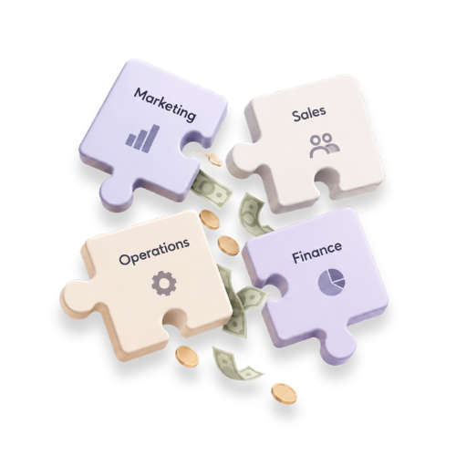 Marketing, Sales, Operations, and Finance puzzle pieces separated, with money slipping through the gaps