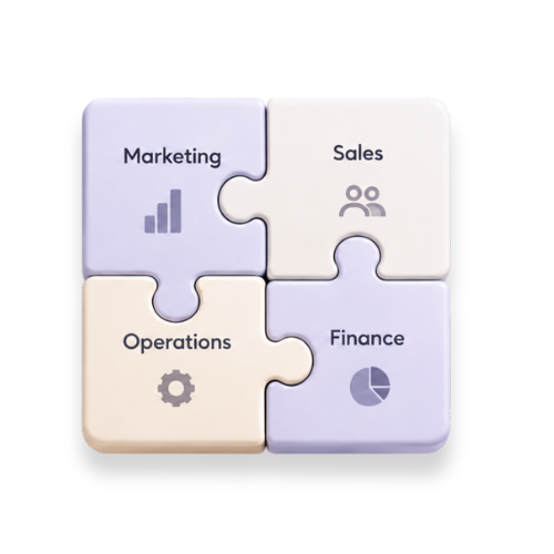 Marketing, Sales, Operations, and Finance puzzle pieces connected without gaps